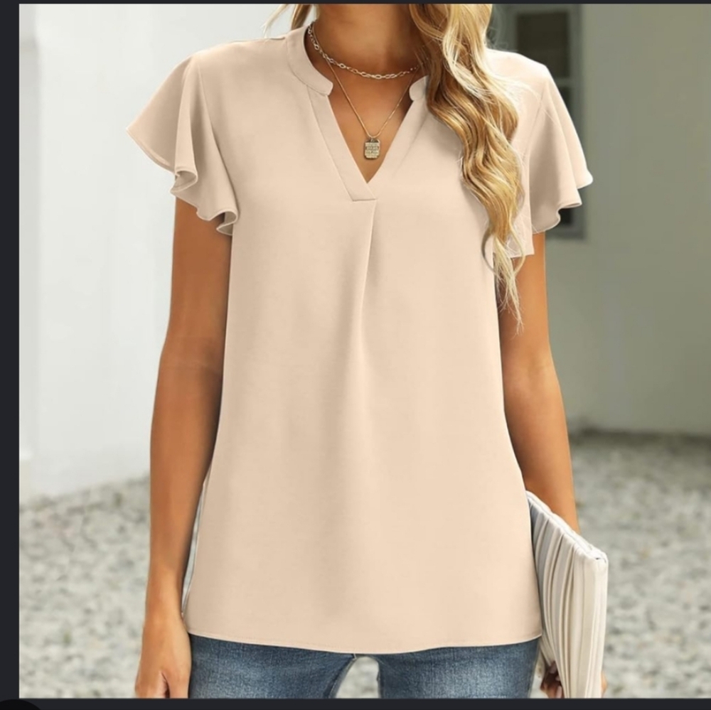 Beige Flutter Sleeve V-Neck Blouse - Women's Casual Top